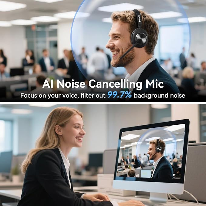 Wireless Headset with Mic for Work,Wireless Computer Headset(Bluetooth V5.3 + USB Dongle)w/Noise Cancelling Mic & Mute Button,Long Battery Life for Work,Zoom,Teams,Online Meetings,Home Office