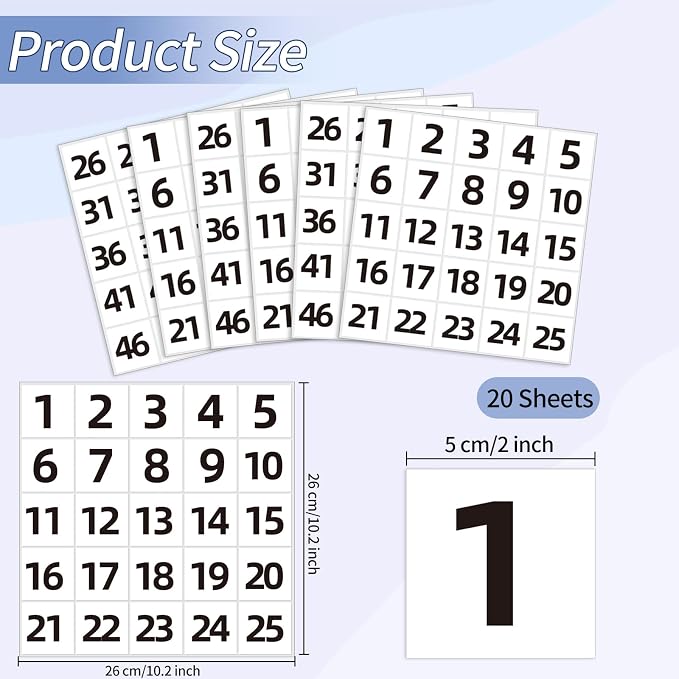 STARLIBOO White Consecutive Number Stickers 1-50, 2 inch Square Self Adhesive Numbered Label Stickers for Inventory, Storage, Organizing, Boxes, Lockers, Indoor, Outdoor (1000Pcs)