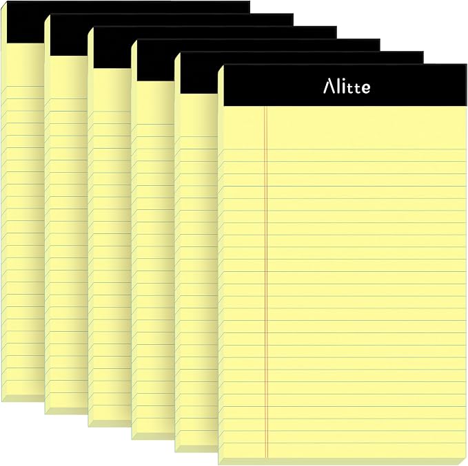Alitte Yellow Legal Notepads 5x8, Pack of 6 - Perforated Narrow Ruled Writing Pad - Premium Thick Paper, No Ink Bleeding - Blank Legal Pads For Home, Office, School, Business - 50 Sheets Per Notebook