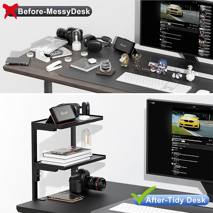 2-Tier Desk Shelf | Desk Organization Expandable Clamp on Desk Shelf Desktop Accessories for Offices and Game Rooms (Black)