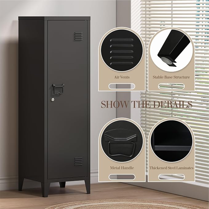 Locker Cabinet, 50" Black Small Metal Locker Storage Cabinet for Employees with Locking Door and 2 Shelves Kids Locker Tool File Cabinets for Bedroom, Home Office, Garage, Bathroom