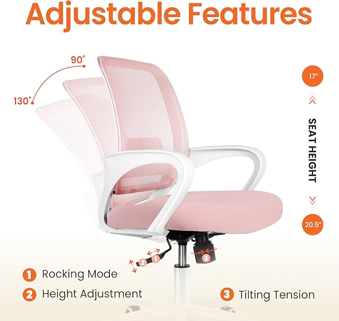 NEO Chair Office Desk Ergonomic Mesh Computer Chair with Lumbar Support Adjustable Height Swivel Rolling Wheels Comfy Mid Back Task Chair for Home Bedroom Vanity Study (Pastel Pink)