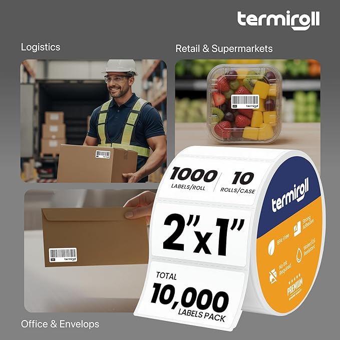 2x1 Thermal Labels – 10,000 Barcode & Address Labels/10 Rolls for Shipping, SKU & Inventory Stickers, Compatible with Rollo, Zebra, Munbyn, iDPRT & Direct Thermal Printers