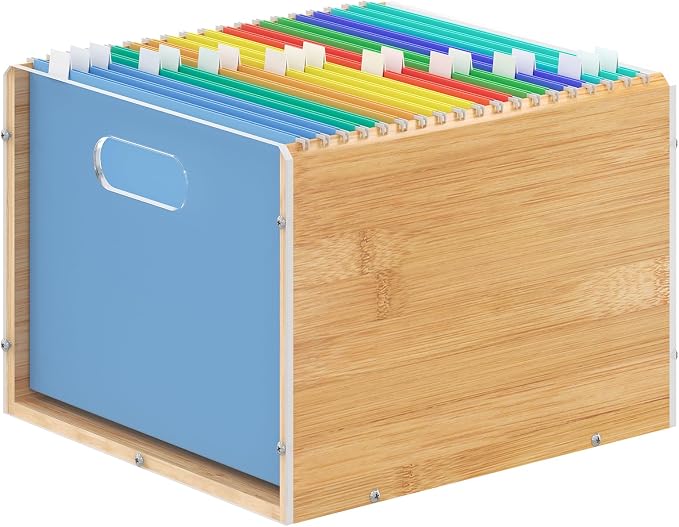 Sbanmao Hanging File Organizer, Clear Acrylic File Box Organizer, Bamboo Filing Box File Crate Organizer Storage Boxes, Portable Filing Folder with Handle for Letter Size