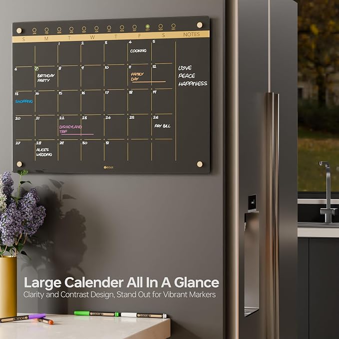 Black Glass Golden Monthly Dry Erase Calendar Whiteboard for Wall, 17" x 23", Frameless Large Planner White Board for Home Kitchen Office, 4 Wet Erase Markers Included, Yeoux