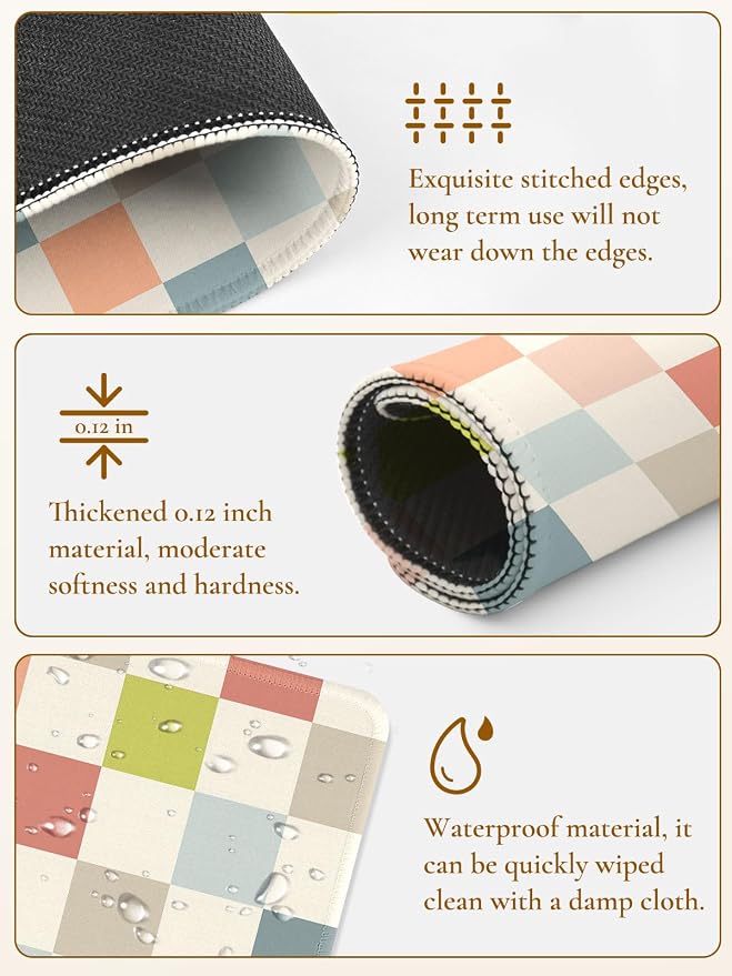 Cute Colorful Mouse Pad,Retro Checkered Pattern Mousepad,Square Aesthetic Waterproof Mouse Mat Design, Non-Slip Rubber Base Funny Boho Small Mouse Pads, Desk Accessories,Beige Light Colors