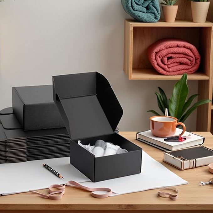 8x8x4 inch Black Shipping Boxes for Small Business- Set of 25 | Sturdy ECT 32 Corrugated Cardboard Mailer Boxes, Easy Assemble for Packaging, Mailing, Gift