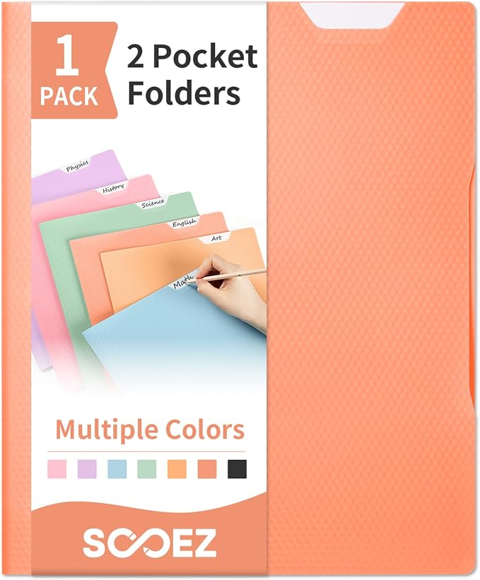 Sooez 1 Pack Plastic Folder, 2-Pocket Folder with Writable Category Label | With Non-Slip Tabs, Fits A4/Letter Size Paper, Heavy-Duty Folders with Pockets for School, Office, Home (Orange)