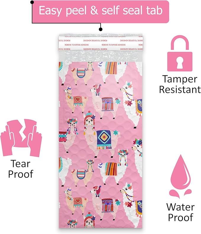 Pro Supply Global Llamas Designer Self-Seal Bubble Mailers Padded - 4"x8" (20 Pieces) - A Colorful Shipping Envelopes Bags for Small Items Packaging, Mailing, Gifts, Documents, Crafts and Accessories.