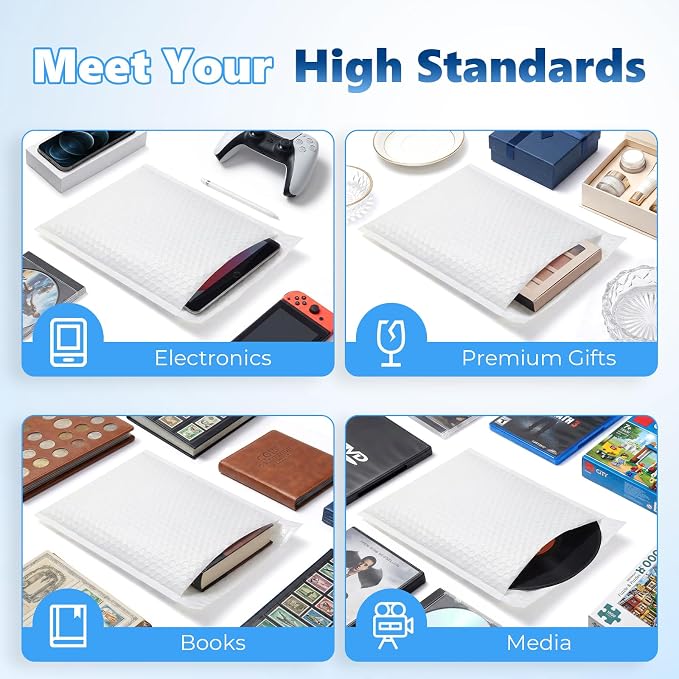 Metronic Bubble Mailers True 8.5x11" Usable Size Padded Envelopes 500 Pack | 50% Thicker 1/7" Bubble 8.5x12" Self Seal Water-resistant bubble envelopes for Books,DVD,Magazine& Small Business,#2,White