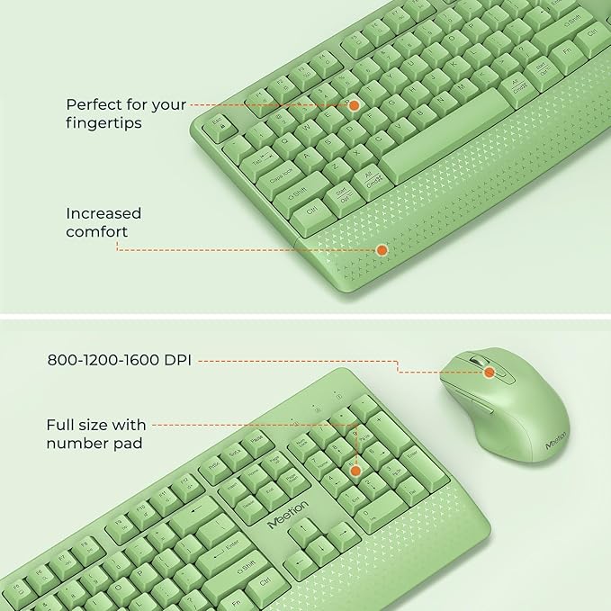 MEETION Green Wireless Keyboard and Mouse, 2.4G USB Receiver Plug-and-Play, Computer Keyboard with Wrist Support, 3 Level DPI Mouse, Long Time Lasting Battery for PC/Mac/Windows/Laptop, Green