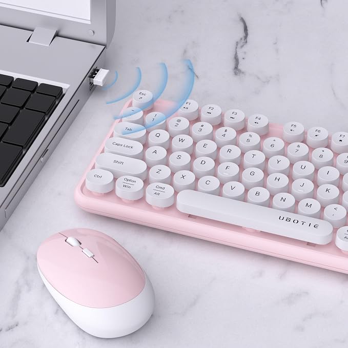 UBOTIE Colorful Wireless Keyboard and Mouse Combo (Pink-White) | Retro Typewriter Floating Full-Sized Keys Computer Keyboard with Optical Mouse, 2.4GHz USB Connection for Windows Mac