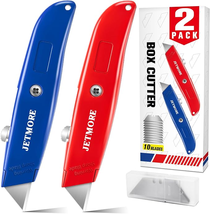 JETMORE 2 Pack Box Cutter, Paper Cutter with Extra Blades, Utility Knife | Package opener cuts boxes, cartons and drywall, Cardboard cutter suits unpacking, repairs, office work and warehouse tasks