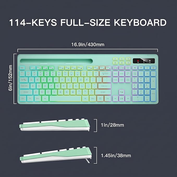 Wireless Keyboard with 7-Color RGB Backlit, Soueto Full-Size Computer Keyboard with Phone Tablet Holder, 2.4G Rechargeable Gaming Keyboard with Light Up Keys, Compatible with Mac, Windows (Mint Green)