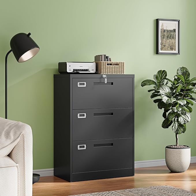 3 Drawer File Cabinets with Lock,Metal Lateral Filing Storage Cabinet Printer Stand,Black Steel Home Office Cabinet for Hanging Files Letter/Legal/A4 Size (Black, H39.84×W28.35×D15.74)