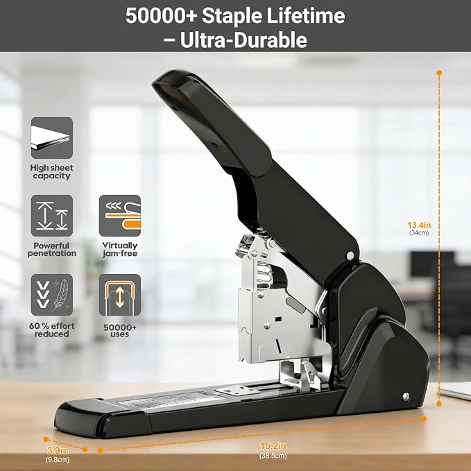 AFMAT Heavy Duty Stapler, 210 Sheet Staplers for Desk with 7000 Staples, Jam-Free, 50000+ Uses, 60% Reduced Effort, Easy Reload, Adjustable Paper Guide, Large Metal Manual Office Staplers, ES15