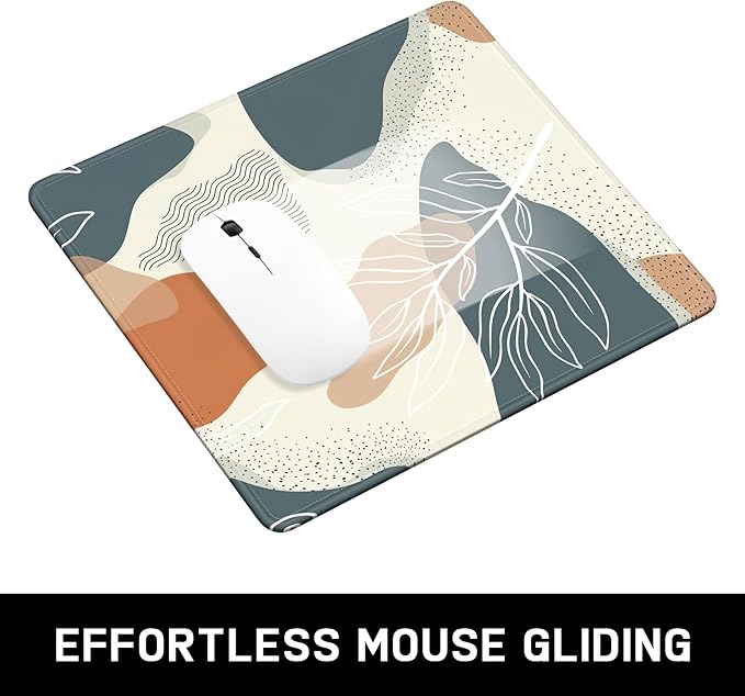 Mouse Pad, Minimalism Marble Style Computer Pad, Anti-Slip Rubber Mouse Mat with Stitched Edges for Gaming, Office, Laptop, PC, Women, 9" x 8" Thick 3 mm, Boho Leaves