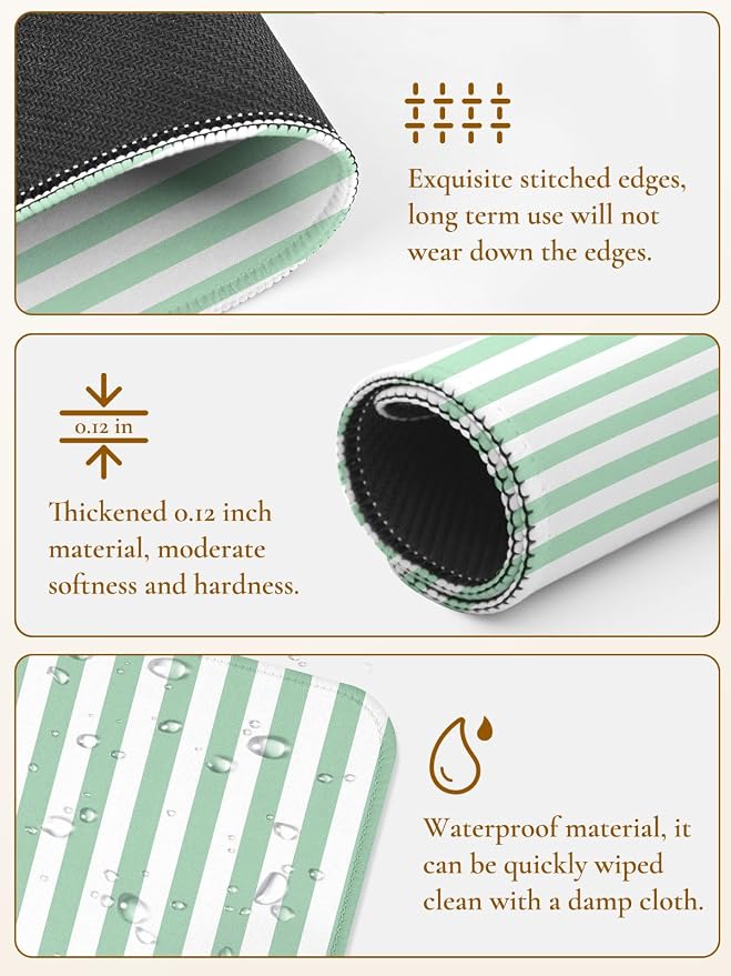 Square Cute Striped Mouse Pad with Stitched Edge, Premium Waterproof Cloth Aesthetic Small Stripe Mouse Mat, Non-Slip Rubber Base Funny Mousepad Desk Accessories,Striped Green White