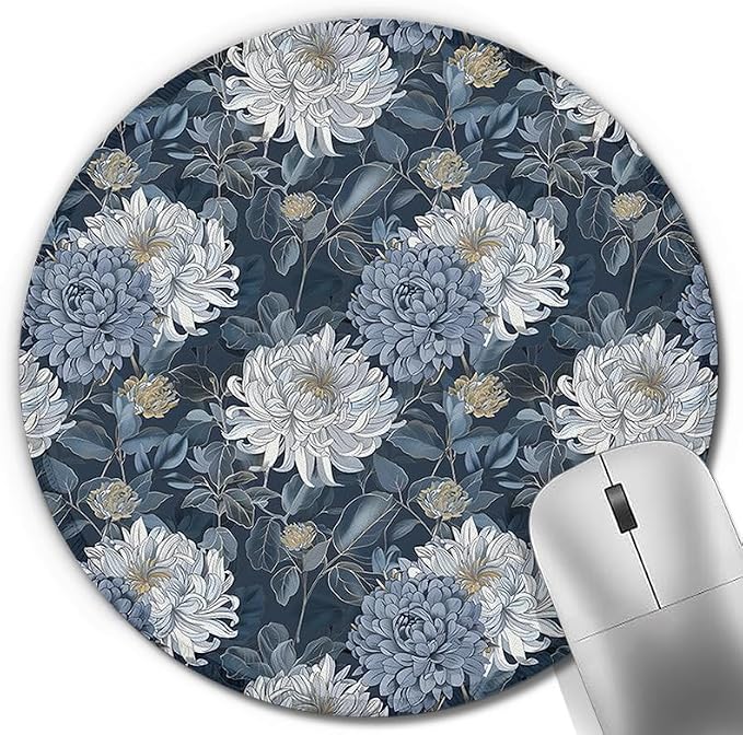 Vintage Blue Floral Round Mouse Pad, Oriental Dusty Blue Chrysanthemum Flower Botanical Mousepad Mat for Home Office Computer Laptop Desk Accessories 7.9x7.9 in