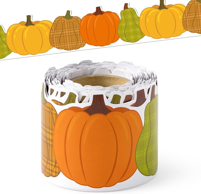 BeYumi Fall Pumpkin Border Trim - 65ft Plaid Pumpkin Border Classroom Decor | Thanksgiving Halloween Pumpkin Rolled Bulletin Board Border Office School Chalkboard Kindergarten Classroom Wall Party Decor