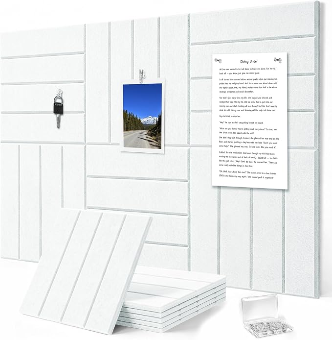 0.47" Thick Felt Wall Tiles 36"x24" Cork Board Alternative 6 Pack 11.81"x11.81"Felt Bulletin Board Pin Board with Removable Adhesive Tape&30 Pushpins for Home Office School(Bold-White)