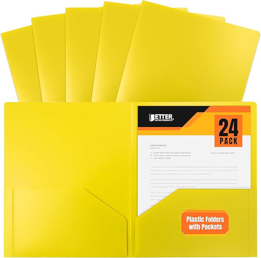Better Office Products Heavyweight Plastic 2 Pocket Portfolio Folder, Letter Size Poly Folders 24 Pack (Yellow)