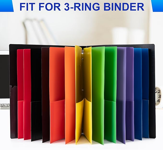 Plastic 3 Hole Punch Folders with Pockets (7 Pack, Black), Fits 3-Ring Binder, Divider Folder for Notebook, Durable Poly，Holds US Standard 8.5x11 Letter Size Paper