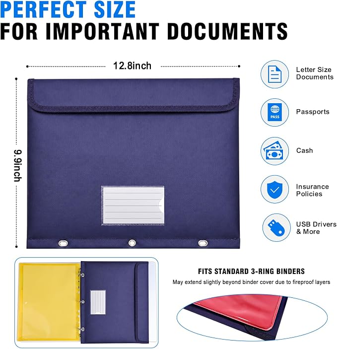 Fireproof 3 Ring Binder Pocket, Document Bag Side Loading, 2 Pack | Water Resistant,Heat Insulated,Hook&Loop Closures,Binder Folders,Safe Storage for Home Office Travel,Letter Size,Blue