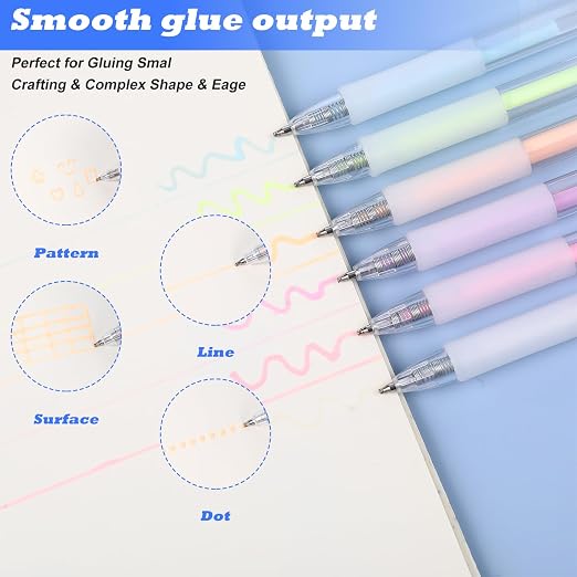 COMNICO 6 pcs Fine Tip Glue Pen, Quick Dry Glue Pen with 6 Refills | Easy Control, Precision Glues Pens, for Crafting Scrapbooking, Card Making, Apply Glues Like Writing