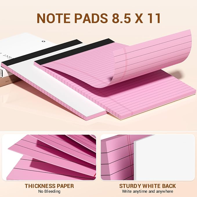 12 Pack Pink Legal Pads 8.5 x 11 Note Pads Wide Ruled Notepads Writing Pad | Micro Perforated Lined Paper Pad of Paper with Sturdy White Back,30 Sheet/Notepad, Writing Pads for to-Do Lists,Office,School