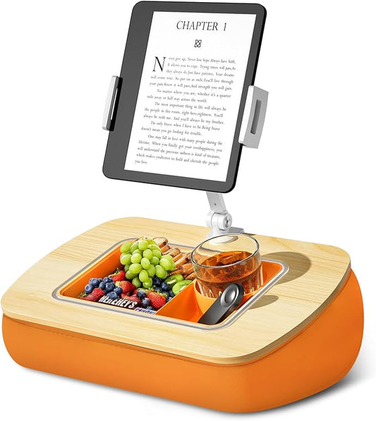 Tablet Pillow Stand for Lap Use with Snack Bowl and 360° Rotating Arm, Adjustable iPad Holder for Bed, Couch, and Recliner, Compatible with 4.7"-13" Kindle, iPad, Tablet, Phone,Orange