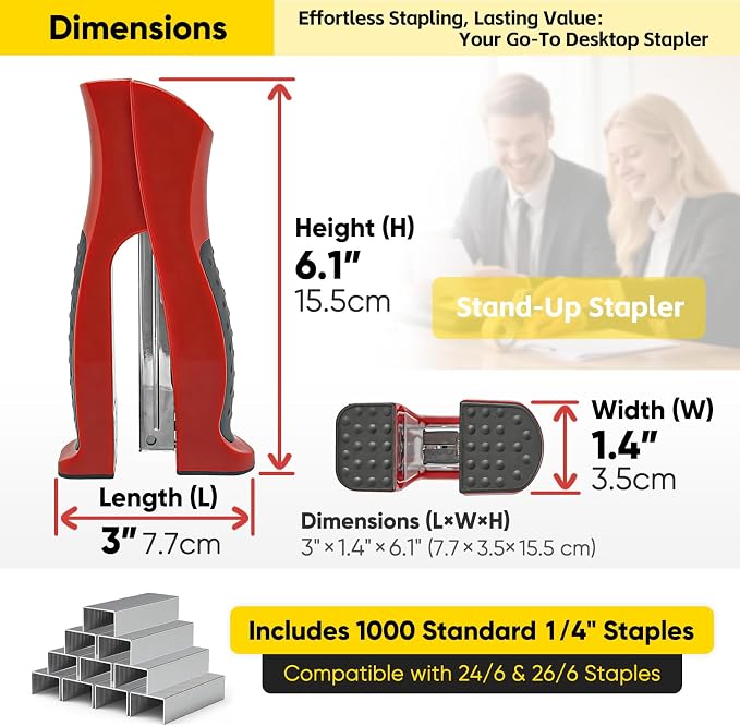 Stand-Up Stapler with 1000 Standard 1/4" Staples, Handheld Ergonomic Soft Grip 2-in-1 Vertical & Flat-Use Desktop Full Strip Stapler for Office, Home, School, Business, Classroom Supplies – Red