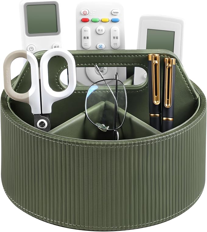 Round Desk Organizer Caddy Caddy Organizer Remote Control Holder | 6 Compartments, Portable Handle, Soft Lining, Aesthetic Stripes, Waterproof And Stain-Resistant