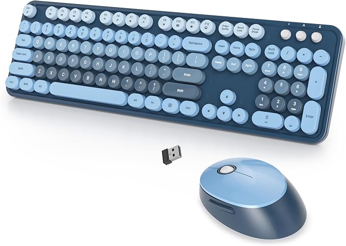 Wireless Keyboard and Mouse Set, Retro Typewriter Sea Blue | 1600DPI Full Size With Number Pad & Mouse,Compatible With All Windows,Ideal For Computer, PC, Notebook, Laptop
