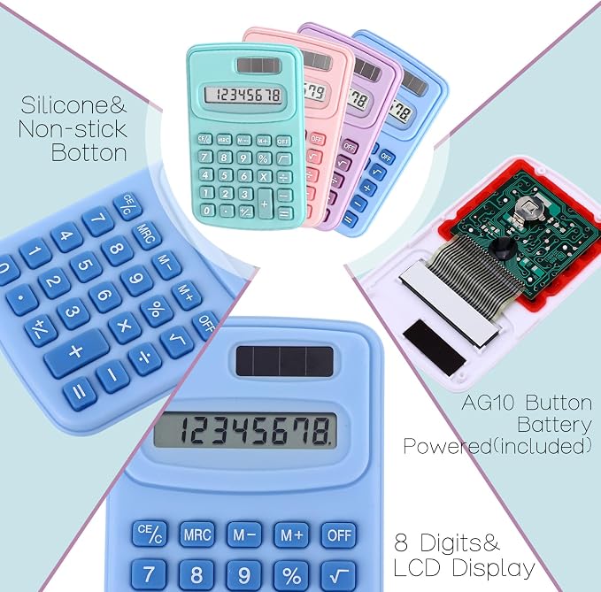 Flutesan 30 Pack Pocket Calculator,Red, Blue, Green, Black, Pink, Purple | Mini 4 Function Calculators, for Students Kids, Small Battery Powered Bulk, Basic Handheld, for School Classroom Home Office