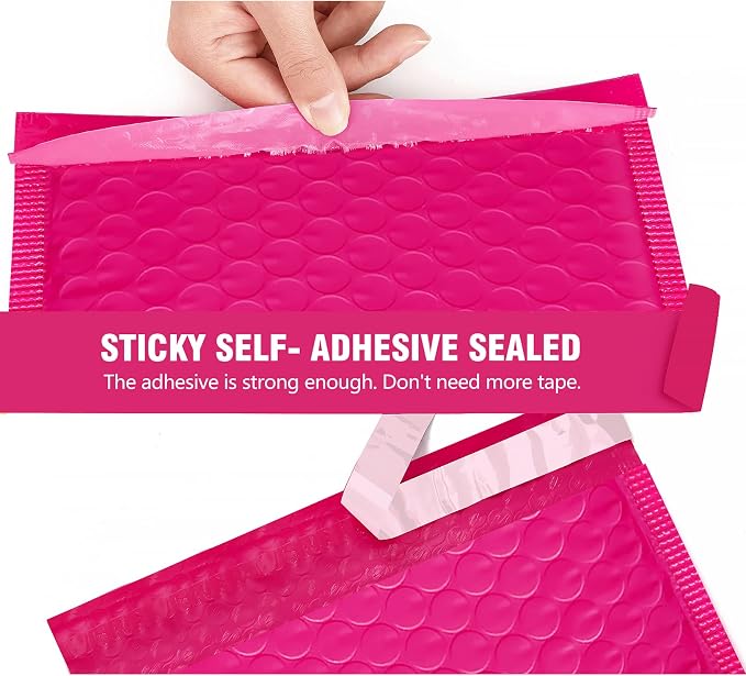 HBlife 50Pcs Bubble Mailers, 4x8 Inches Self Seal Hot Pink Poly Mailers, Padded Envelopes Shipping Bags Packaging for Small Business