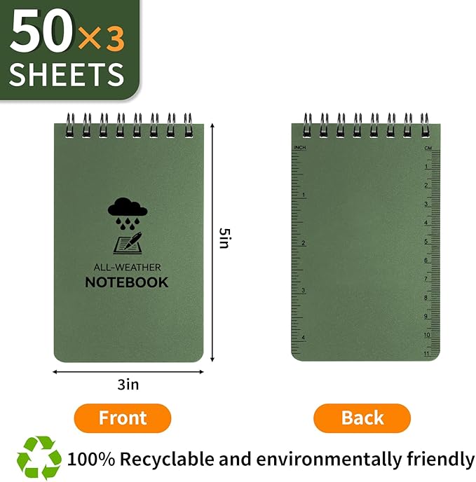 3 Pack Waterproof Notebook, 3 x 5 Pocket Notepad, All Weather Small Pocket Notebook Paper, Mini Spiral Notepad Police Notepad 100 Lined Pages for Outdoor Office
