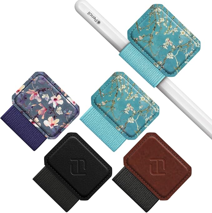 Fintie 4 Pack Pen Loop Holder for Apple Pencil Pro, USB-C/1st/2nd Gen | Elastic Adhesive PU Leather Sleeve, Secure Pen Holder, Attaches to Tablet Cases, Fits Stylus Pens, Blossom