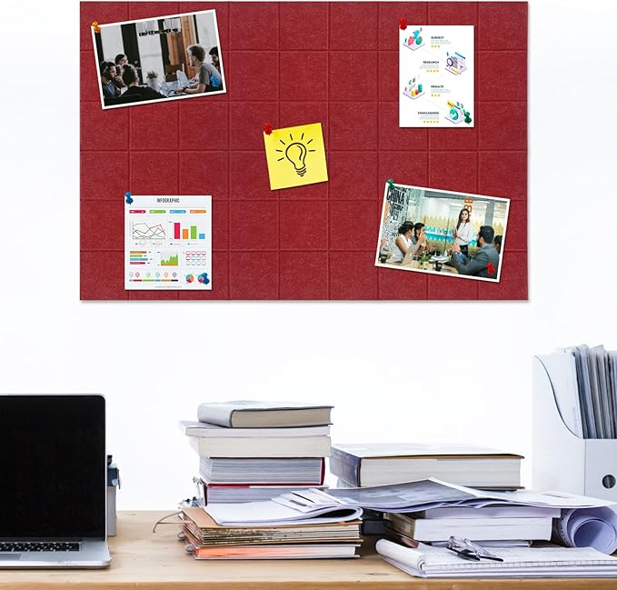 Large Square Felt Cork Board Tiles, Self Adhesive DIY Felt Bulletin Board Pin Board with 35 Pushpins for Office School Home Wall Decor Stickers Memos Photos Display (Red)