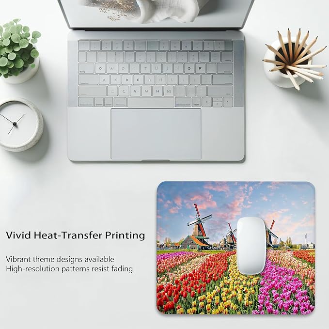 Tulips Flowers Puzzles Landscape Mouse Pad, Holland Windmill Desk Mat | Nature Colorful Floral, Cute Mousepad Stitched, Anti-Slip Base Smooth Surface, 9.5 x 7.9 Inches