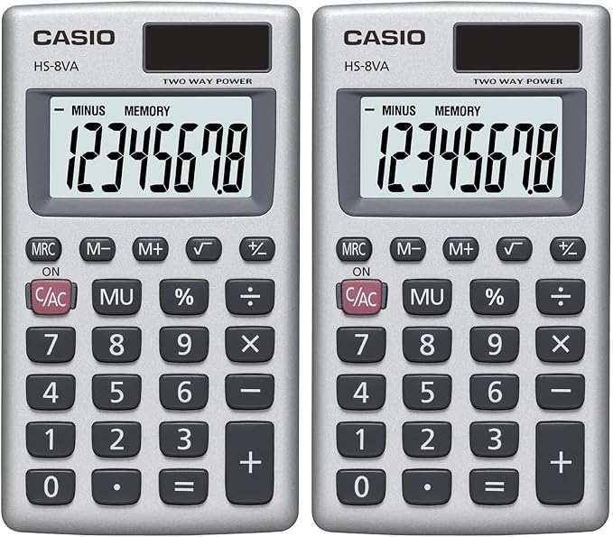 Casio HS-8VA Mini 6-Function Calculator | Large 8-Digit LCD Display | Solar Powered with Battery Backup - Standard Function - Portable Pocket Size, (Pack of 2)