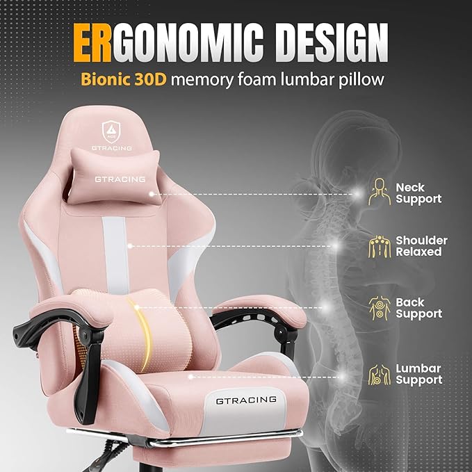 GTPLAYER Gaming Chair with Foot Rest & Pocket Spring Cushion, Breathable Fabric for Home Office Desk, Ergonomic High Back Computer Chair with Headrest & Lumbar Support, Pink