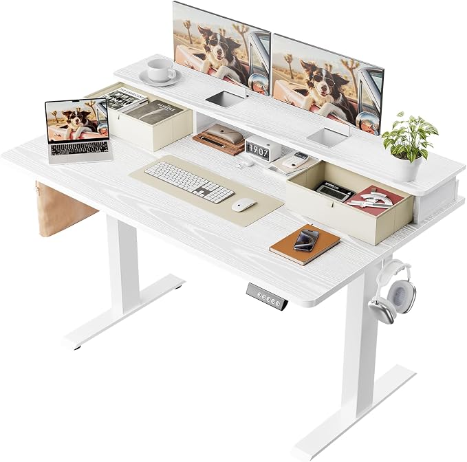 Veken 47x28 in Electric Standing Desk with Drawers, Adjustable Table, White | Stand up Computer Desk for Home Office, Work & Study, with Storage, 3 Memory Presets, Cable Organizer, Hook, and Quiet Lift.