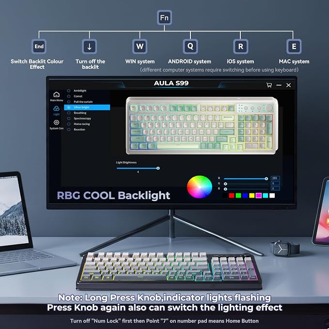 AULA Keyboard Gaming Wireless Creamy Computer Keyboards with Number Pad | Side-printed Light Transmission Letters Keyboard,99 Keys,RGB Backlit,Tri-Mode BT/2.4GHz/USB-C Connection,Gradient Grey