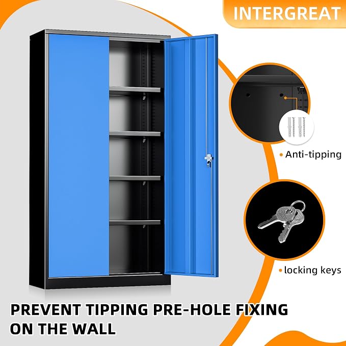 Metal Storage Cabinet with Lock, 72" H Garage Cabinets with Doors and Adjustable Shelves, Lockable Metal Cabinets for Garage, Home, Office(Black-Blue)