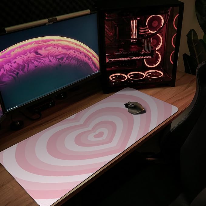 MAY FLOWER Large Gaming Mouse Pad, Full Keyboard Mat, Long Laptop Mousepad, Computer Mouse Mat for Home and Office, Anti-Slip Rubber Base, 31.5 x 11.8 Inches (Pink Loving Heart)