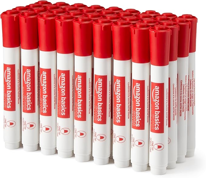 Amazon Basics Low-Odor Dry Erase Whiteboard Markers, Fine Tip, Quick-Dry, Red, 36-Pack