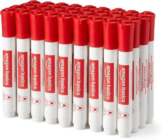 Amazon Basics Low-Odor Dry Erase Whiteboard Markers, Fine Tip, Quick-Dry, Red, 36-Pack