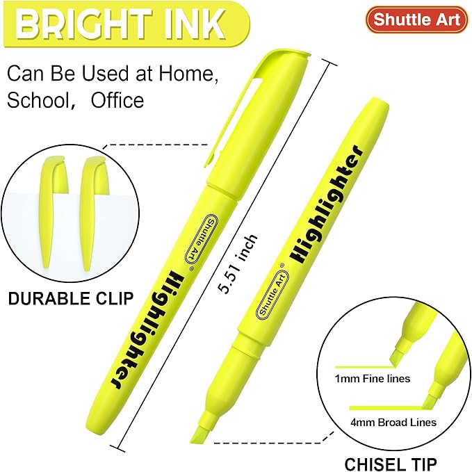 Shuttle Art Yellow Highlighters, 30 Pack Highlighters Bright Colors, Chisel Tip Dry-Quickly Non-Toxic Highlighter markers for Adults Students Highlighting in Home School Office
