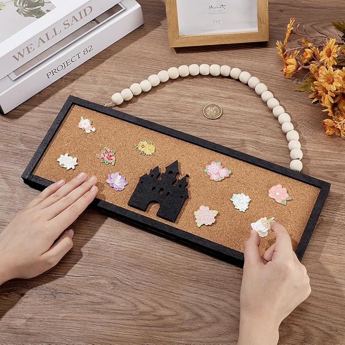 BENECREAT Rectangle Castle Pin Board Cork Board, 5.5x15inch Bulletin Display Board Wall Mounted Cork Board with Black Frame and White Beads for Brooch Pin Storage Display